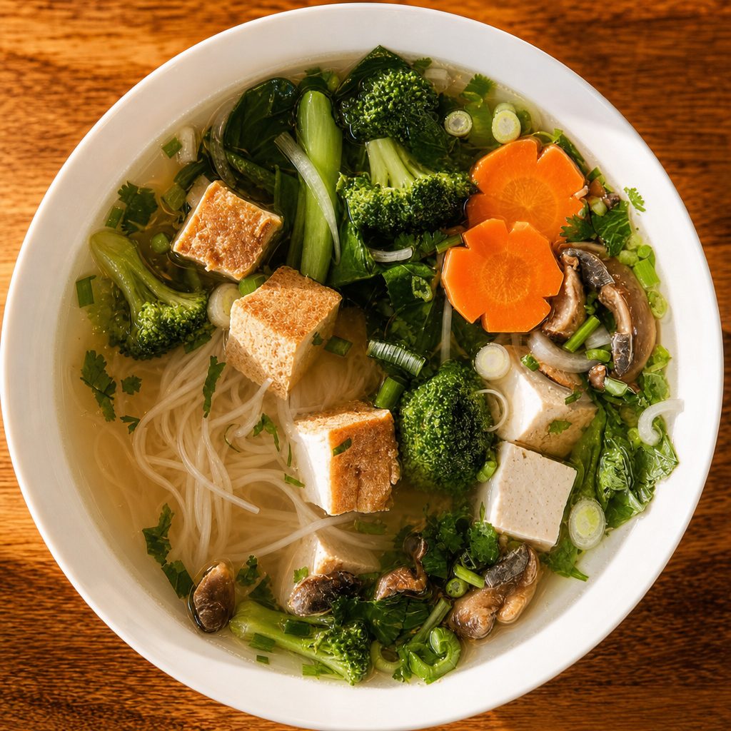 217. Phở Rau Cải Pho with Fried Tofu, Broccoli, Napa Cabbage, Yu Choy in Veggie Broth.