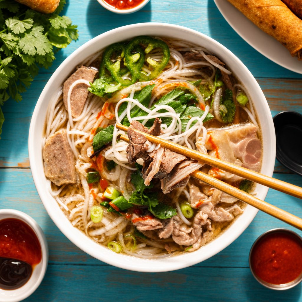 228. Phở Tái, Bò Viên | Pho with Rare Steak, Beef Meatballs.
